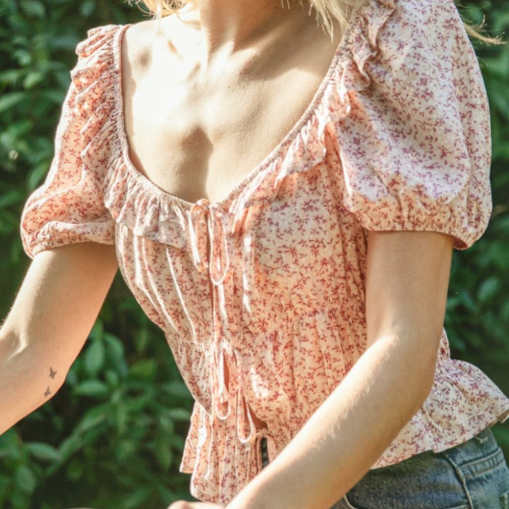 NEW BOHO PINK FLORAL RUFFLE WIDE NECK TOP - Picture 5 of 6